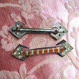 UNIQUE Pair of ART DECO Pins, Cut Glass and Embossed Metal, 1920s-30s Brooches, Collectible Vintage Jewelry
