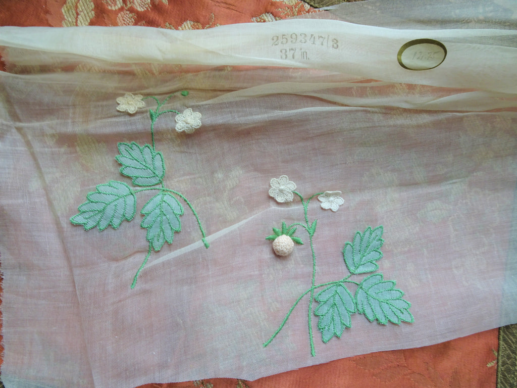 Antique Organdy Fabric,Salesmans Sample,Sweet Berries Embroidered on Organza ,For Heirloom Sewing, Fine Craft Projects,Collectible Vintage Fabrics