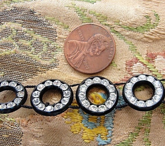 RARE Art Deco Flapper Trim,Black Celluloid n Rhinestones Trim,Paste Diamante Stones,Flapper Headband,Dolls,Vintage Embellishment Beaded Trim