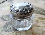 GORGEOUS Repousse Art Nouveau Flowers Antique Silver and Glass Vanity Jar Dresser Cosmetic Container Decorative Boudoir Collectible