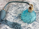 VINTAGE Lovely Aqua Blue Glass Perfume Bottle Atomizer,Vanity Display Scent Bottle, Long Silk Tassel, Collectible Perfume Bottles