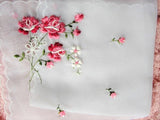 1950s VINTAGE Bridal Handkerchief, Hanky, Delicate Dainty Embroidered Nylon Hankie, Pink ROSES, Flowers, Something Old Bridal Gift Hankies