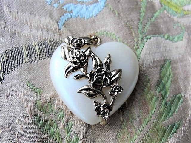 ANTIQUE Heart Pendant, Puffy Lustrous Pearl Like ,Intricate Raised Gold Metal Roses, Perfect Bridal Necklace,Collectible Vintage Jewelry
