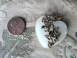 ANTIQUE Heart Pendant, Puffy Lustrous Pearl Like ,Intricate Raised Gold Metal Roses, Perfect Bridal Necklace,Collectible Vintage Jewelry