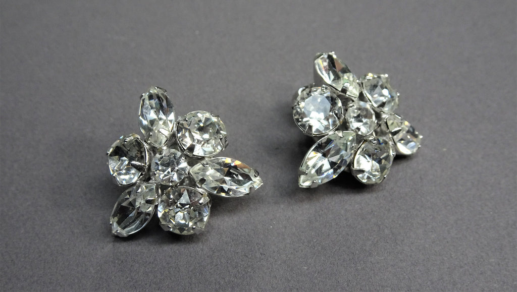 SPARKLING Vintage 50s Earrings,Signed SHERMAN, Glass White Rhinestones Earrings,Clip Ons,Clip Earrings,Collectible Jewelry,Mid Century