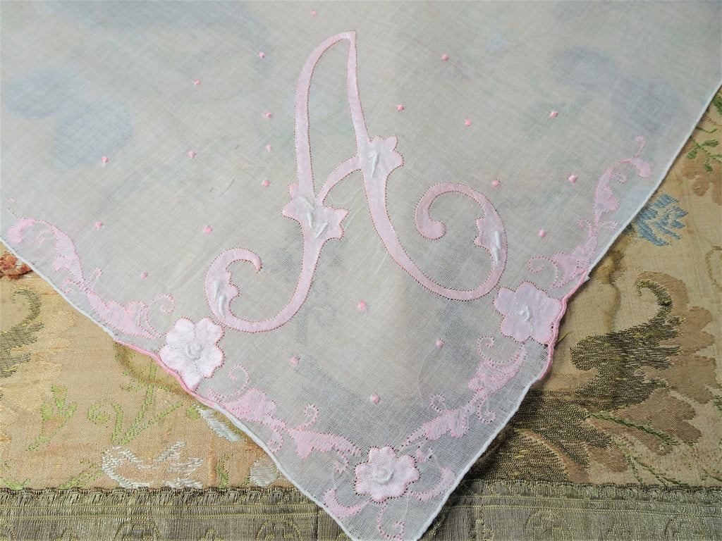 BEAUTIFUL Vintage Hanky,Applique Satin Rose Flowers monogram A Hankie,BRIDAL WEDDING Handkerchief,Pink Satin Appliques,Collectible Hankies