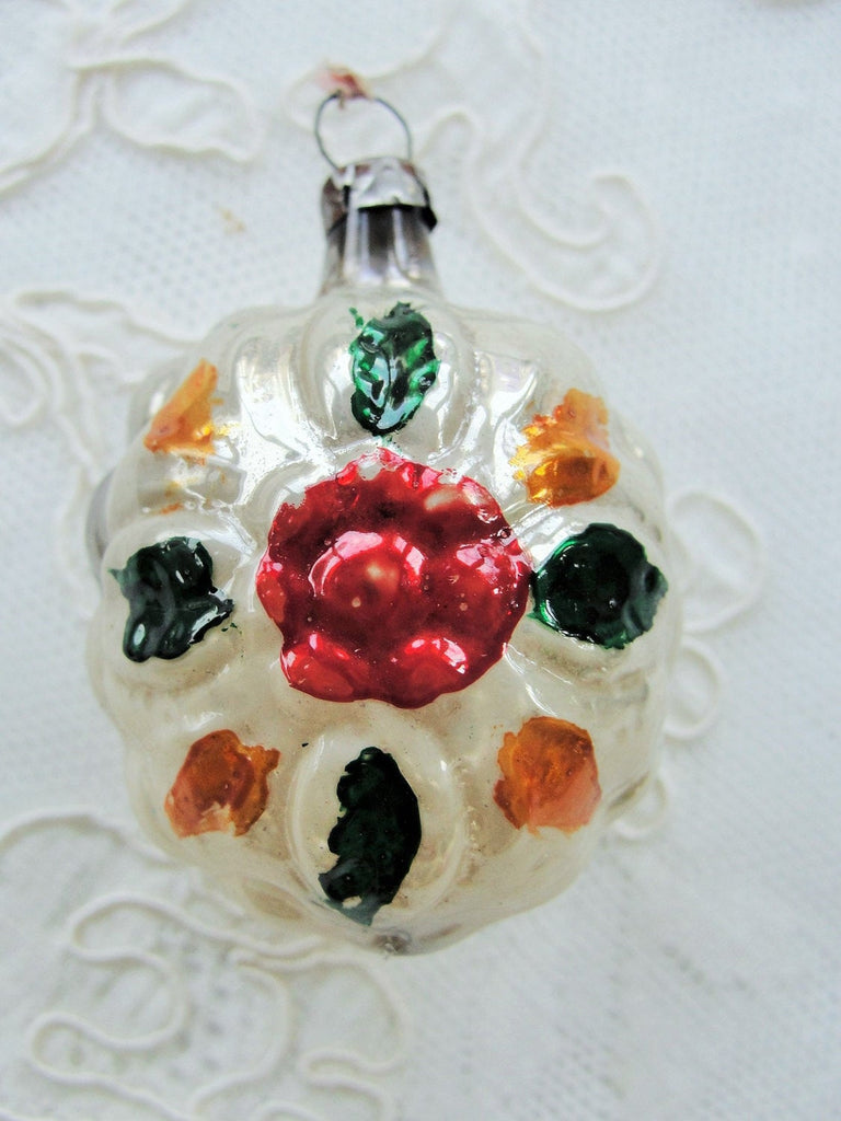 Antique German Figural Ornament Hand Blown Mercury Glass Painted 2 Side Christmas Tree Ornament Grape and Flower Perfect for A Feather Tree