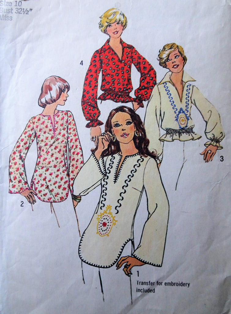 1970s FABULOUS BoHo Blouse Tops Pattern SIMPLICITY 6777 Four Versions, Includes Embroidery Transfer, Bust32 Vintage Sewing Pattern