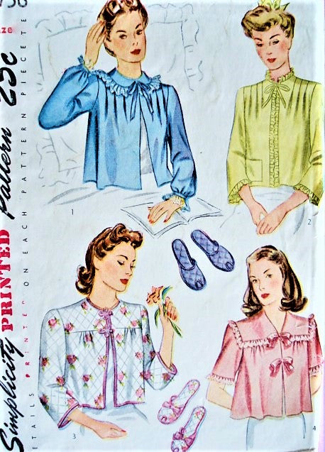 40s WW II PRETTY Bed Jackets and Slippers Pattern SIMPLICITY 4756 Four Glam Styles Bust 32 Vintage Sewing Pattern