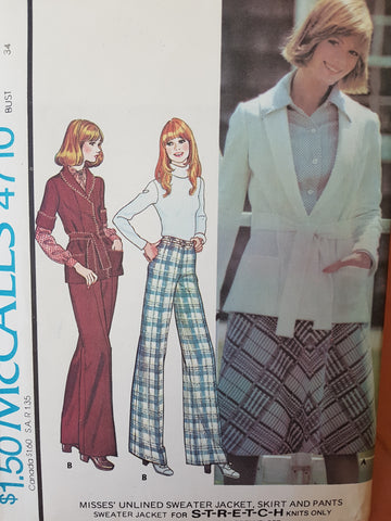 RETRO 1970s Sweater Jacket,Skirt, High Waist Flared Leg Pants Pattern McCALLS 4710 Bust 34 Vintage Sewing Pattern