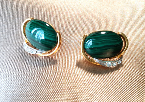 VINTAGE Elegance, Malachite Earrings, Lovely Gold Tone Metal With Sparkling Crystals, Pierced Earrings, Vintage Jewelry