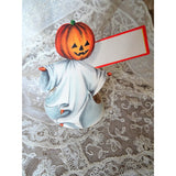 CHARMING Vintage Halloween Place Card, Jack O Lantern Dressed As Ghost,Unbent Unused, Paper Party Ephemera,Collectible Vintage Halloween