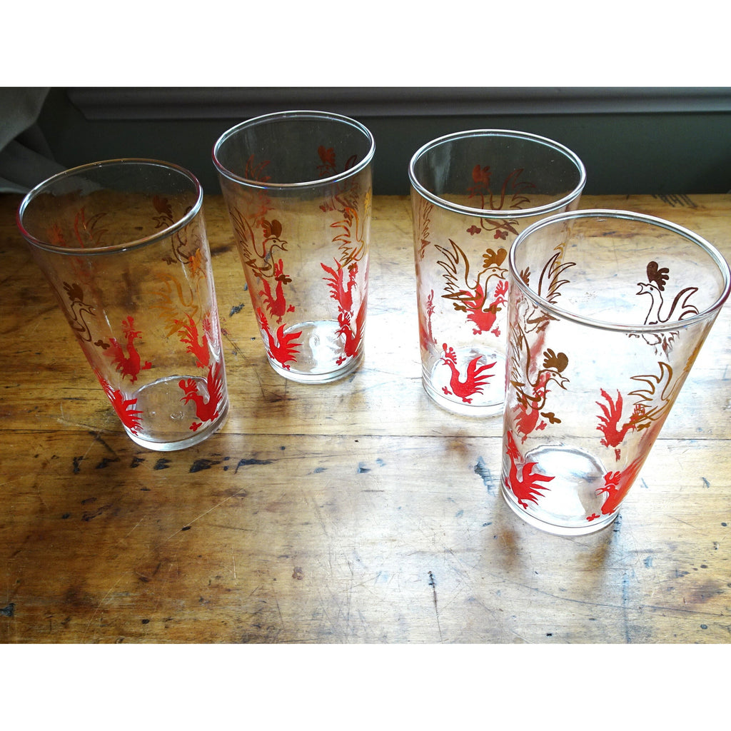 FABULOUS Mid Century Tumblers, Red and Gold Fighting Roosters Chickens Cocktail Glasses, Barware, Perfect Gin and Tonic Size, Federal Glass