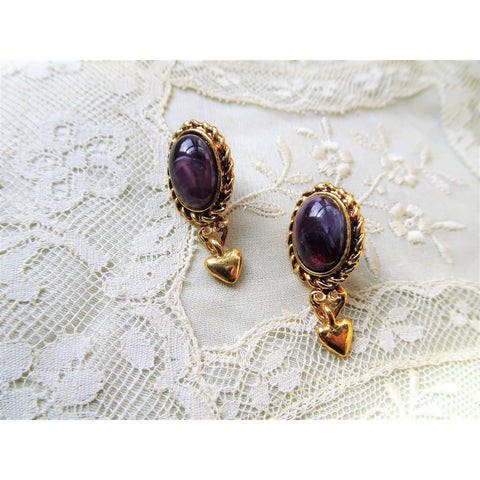LOVELY Purple Glass and Gold Tone Metal, Pierced Earrings,Collectible Vintage Jewelry