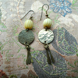 BEAUTIFUL Vintage Artisan Drop Earrings, Hammered Brass and Carved Bead Pierced Earrings, Dangle Earrings, Collectible Vintage Jewelry