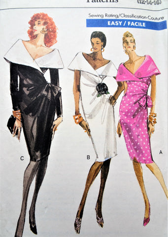 STUNNING 1980s Mock Wrap Cocktail Dress Pattern, VOGUE 7400, Beautiful Wide Collar,Bust 34-36-38, Vintage Sewing Pattern UNCUT