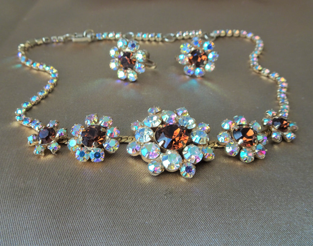 1950s GLAM Sparkling Glass Necklace and Earrings Set,Swarovski Crystals,Topaz,AB Stones,Evening or Bridal Necklace,Vintage Collectible Jewelry