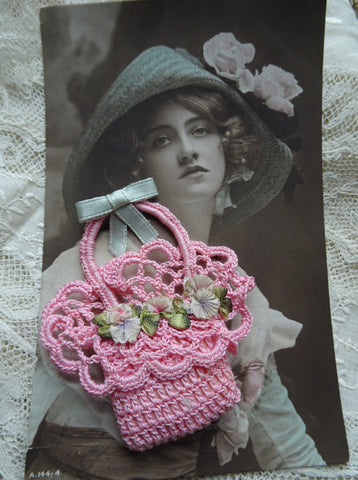 SWEET Vintage Pink Basket With French Ribbon Flowers