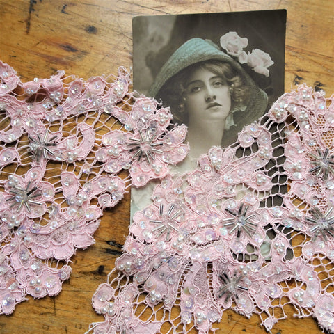 BEAUTIFUL Vintage 1930s Pink Beaded French Lace Appliques or Collar, Lovely Design, Heirloom Sewing, Collectible Vintage Lace