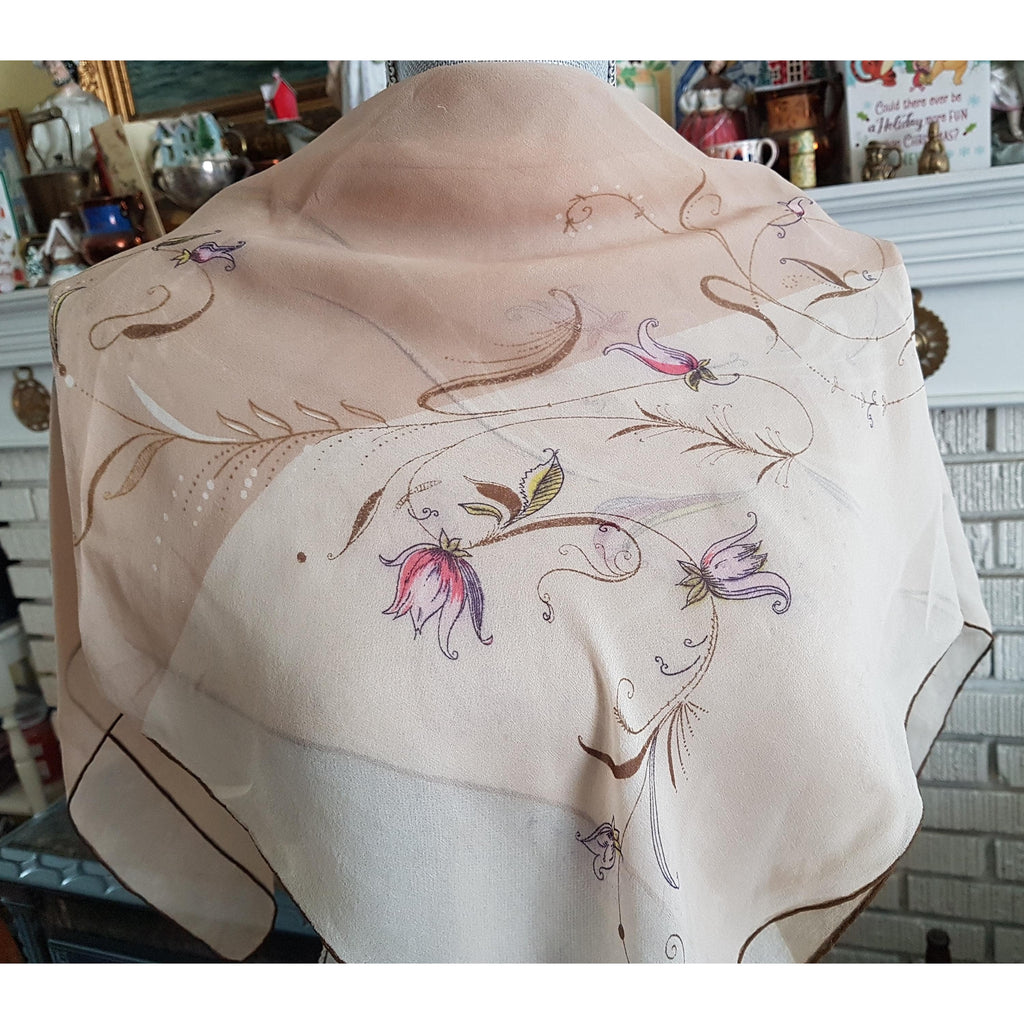 LOVELY Vintage Silk Chiffon Scarf, MCM Quality Scarf,Lovely2 Tone Colors,Floral Print Scarf,Head Scarf,Neck Scarf, Gift For Her