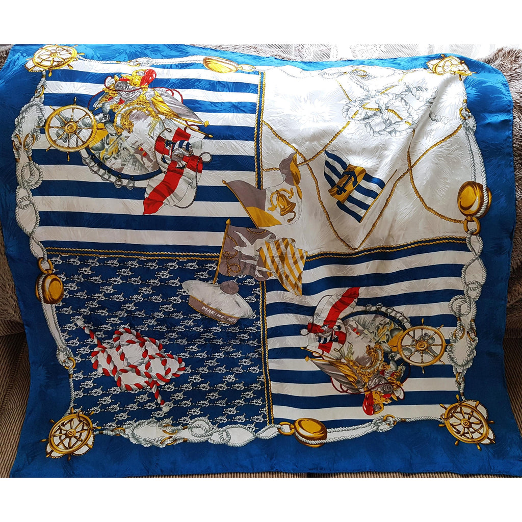 Vintage Silk Scarf, Nautical Theme Scarf,Lovely Vivid Colors, Blue, White,Red and Gold, 33 by 34 inches,Vintage Scarves, Gift Worthy
