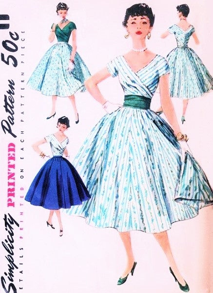 SIMPLICITY 1123 LOVELY 1950s Day or Party Cocktail Dress Pattern Rockabilly V Neckline Surplice Top, Full Skirt ,Cummerbund Bust 32 Vintage Sewing Pattern