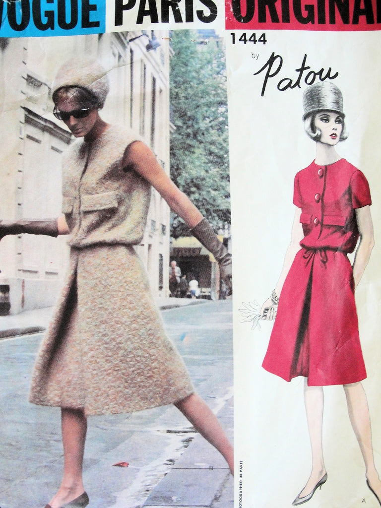 60s STYLISH Patou Dress Pattern VOGUE PARIS Original 1444 Shaped Blouson Top a Line Skirt, Front Inverted Pleat Vintage Couture Sewing Pattern Bust 31