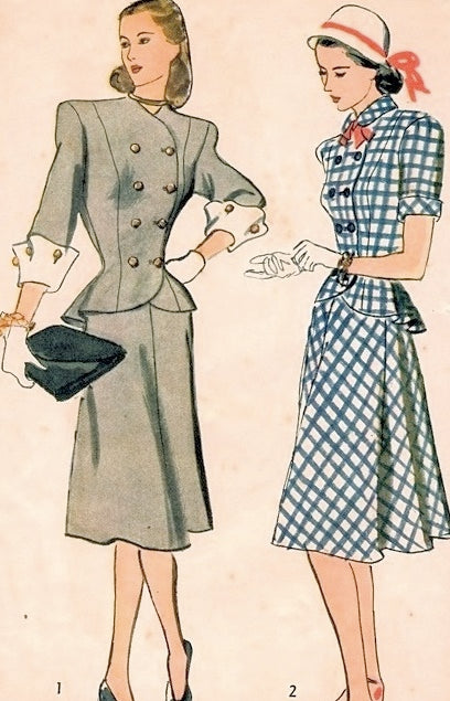 40s SNAPPY Forties Suit Pattern SIMPLICITY 1866 Princess Peplum Jacket Turned Back Cuffs,Flared Skirt Bust 29 Vintage Sewing Pattern