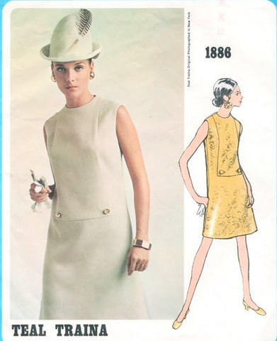 60s Mod Sixties Teal Traina Designer Dress Pattern Vogue Americana 1886 Loose Fitting a Line Jewel Neckline Dress Bust 36 Vintage Sewing Pattern