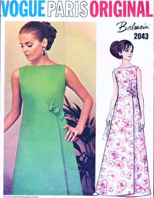 60s ELEGANT Balmain Evening Gown Dress Pattern VOGUE PARIS Original 2043 Asymmetrical Seaming and Front wrap, 2 Lengths Bust 38 Vintage Sewing Pattern FACTORY FOLDED