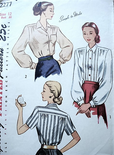 1940s Blouse Sewing Pattern, Simplicity 2277, Front Bodice Tucks, Fold back cuffs, Long and Short sleeves, Simple to Make, Bust 30 Vintage Sewing Pattern