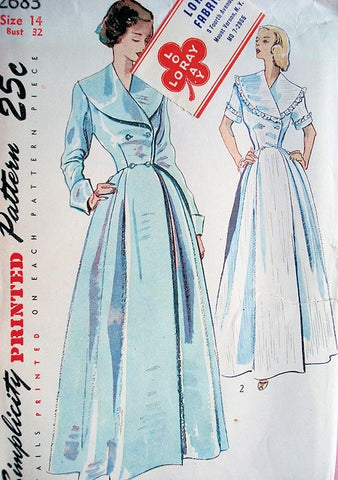 40s BEAUTIFUL Coachman Style Double Breasted Housecoat Pattern SIMPLICITY 2683 Lovely Hostess Robe,Lounging Robe, Brunch Coat,Flattering Wide Lapels Bust 32 Vintage Sewing Pattern
