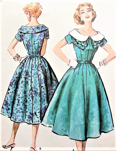 McCalls 4394 Lovely 1950s Dress Pattern Large Wide Collar Figure Flattering Day or Party Dress Bust 38 Vintage Sewing Pattern
