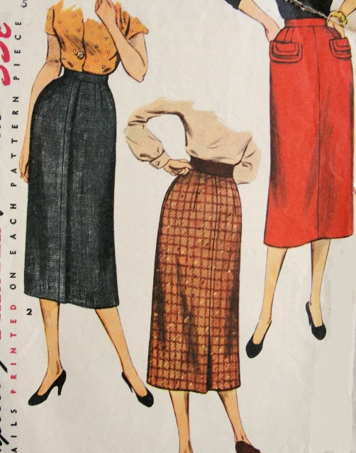 50s EASY To MAKE Slim Skirt Pattern SIMPLICITY 4491 Two Stylish Styles Waist 24 Vintage Sewing Pattern