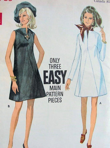 60s MOD A-line Dress with or without Sleeves Butterick 5506 Bust 34 Vintage Sewing Pattern