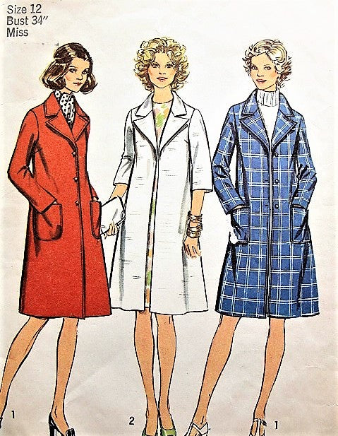 1970s STYLISH Slim Coat Pattern SIMPLICITY 5526 Three Slim Styles Bust 34 Vintage Sewing Pattern