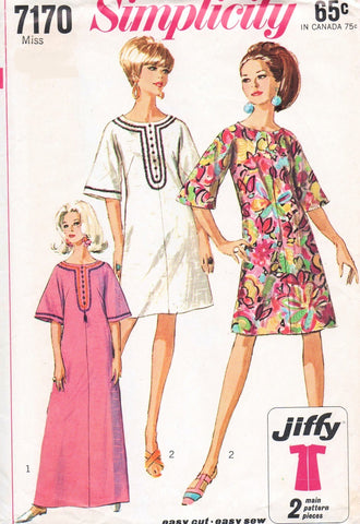 60s MOD Dress or Caftan Pattern Simplicity 7170 Easy To Sew Jiffy Bell Sleeve Day Evening Hostess or Beach Caftan Size Large Vintage Sewing Pattern