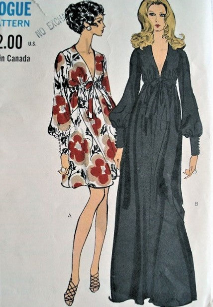 60s FAB Evening Gown Cocktail Dress Pattern VOGUE 7630 PLUNGING V Neckline High Waist Full Sleeves With Tight Cuffs Bust 36 Vintage Sewing Pattern