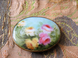 GORGEOUS Antique FRENCH Brooch,Hand Painted Porcelain Brooch,Romantic Roses,Pink Yellow Roses Pin,Large Oval Brooch,Collectible Porcelain Brooch