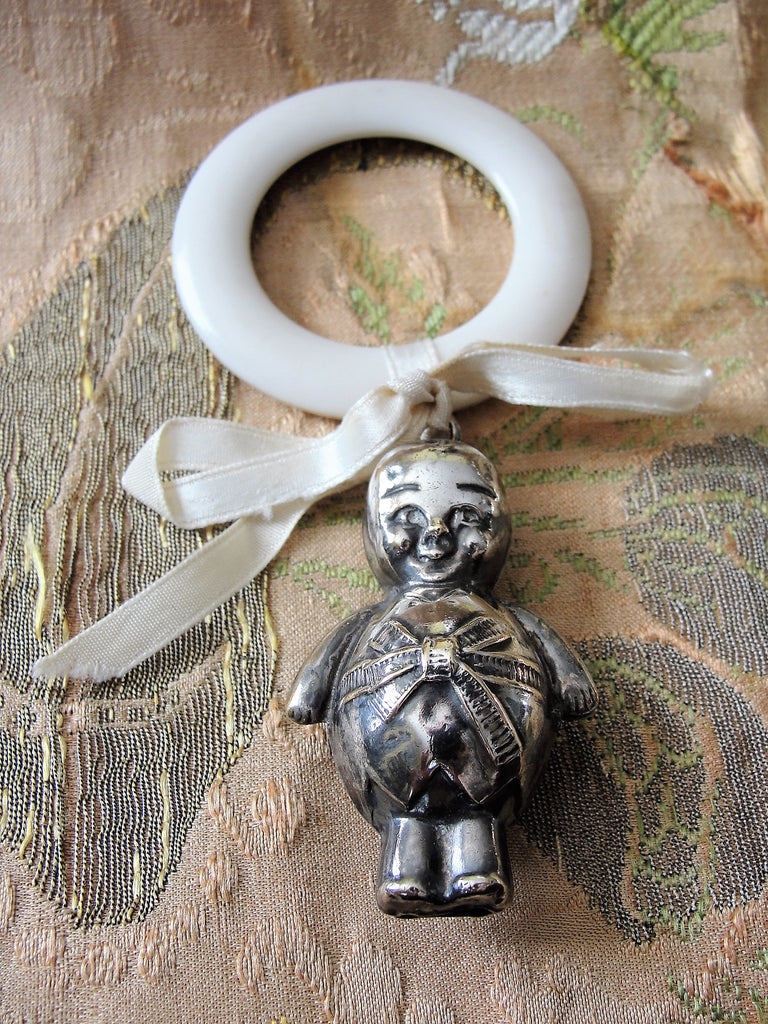 Adorable Vintage Baby  RATTLE and TEETHING RING,Silver Baby Rattle, Figural Baby Rattle, Made in England, Collectible Baby Rattles Teethers