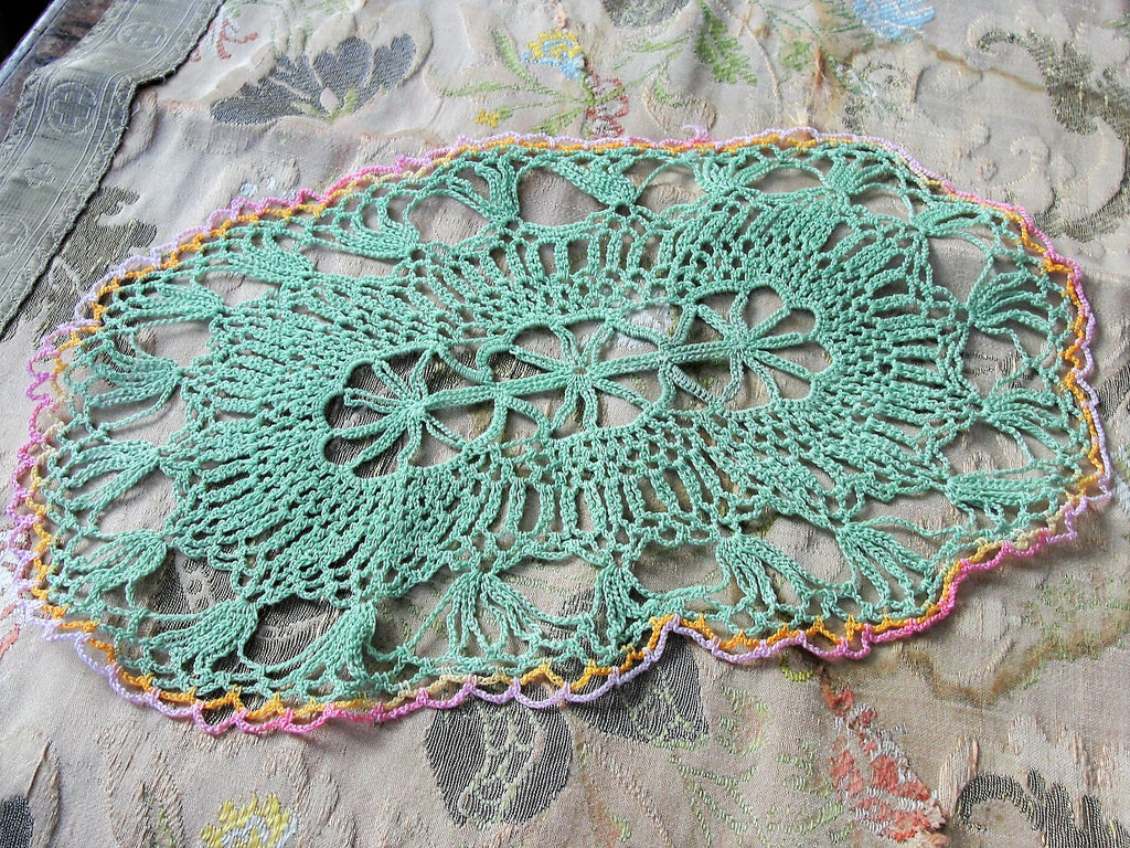 PRETTY Vintage Doily Jadeite Green Pink Edged Hand Crocheted Doily Farmhouse Decor, French Country Cottage,Unique Design Collectible Doilies