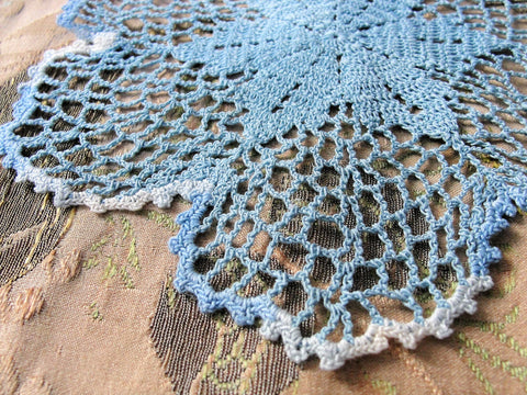 CHARMING Vintage Doily Pretty Blue Hand Crocheted Doily Farmhouse Decor, French Country Cottage,Unique Design Collectible Doilies