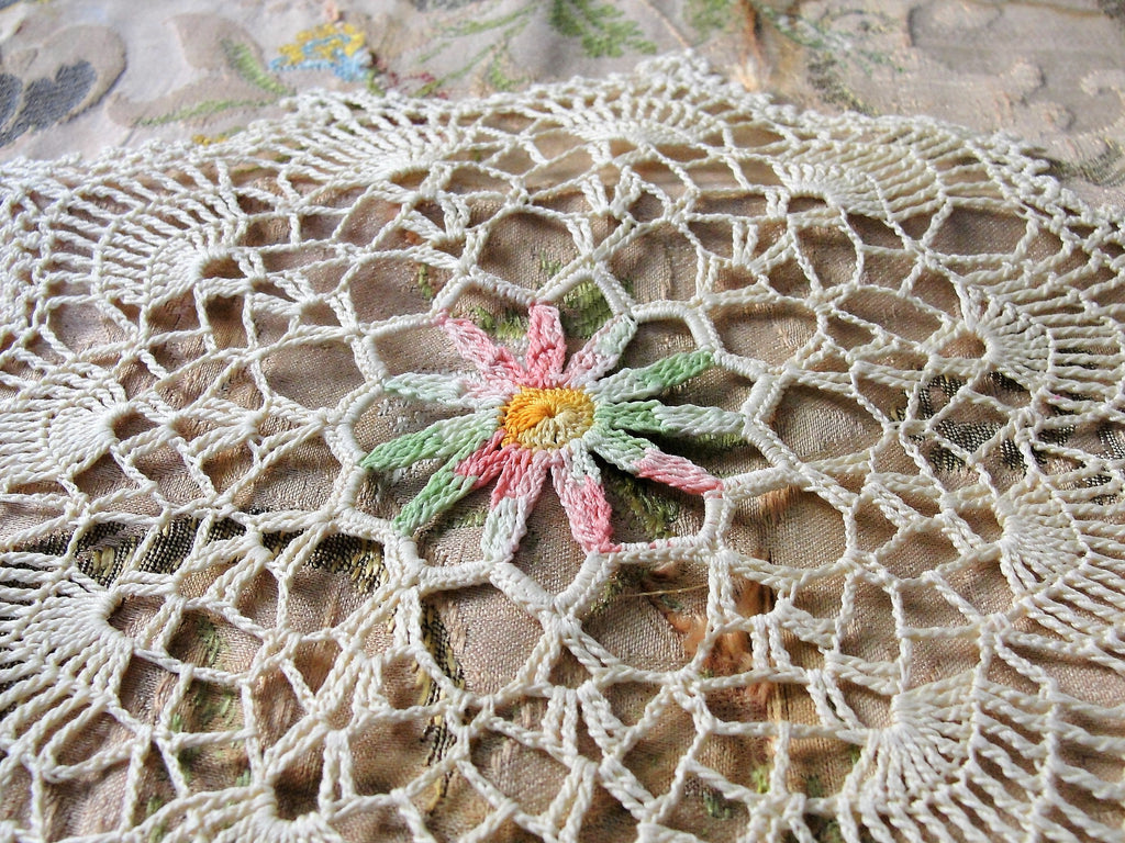 CHARMING Vintage Doily,Beige Pink and Green,Hand Crocheted Doily Farmhouse Decor, French Country Cottage,Unique Design Collectible Doilies