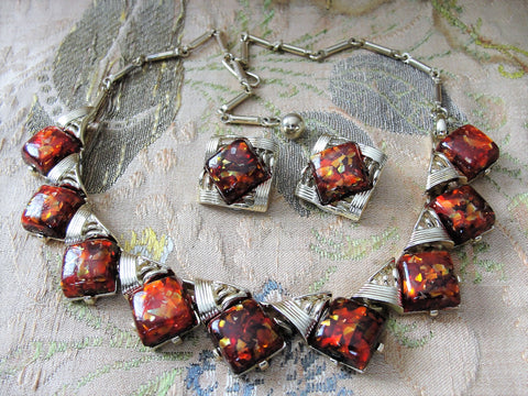 STUNNING 1950s Signed Designer CORO Amber Color Gold Confetti Lucite Thermoset Necklace and Earrings Set,Lovely Moon Glow Confetti, Gold Tone Metal Necklace, Wear or Collect Vintage Costume Jewelry, Collectible Jewelry