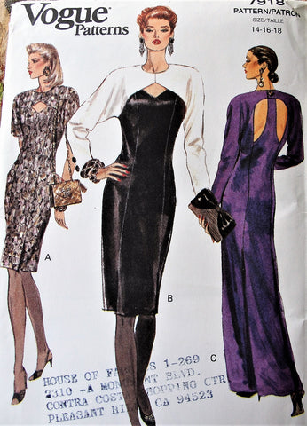 FABULOUS VOGUE 7918 Dress Pattern, Vintage Evening Gown, Cocktail Dress, Fitted Bodice, Princess Seams, Raglan Sleeve, Cut Out Back, Pencil Skirt, Size 14-16-18 Sewing Pattern UNCUT