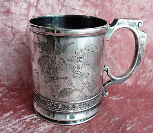 BEAUTIFUL Antique Victorian Silver Baby Cup Christening Mug Floral Engraved Meridan Silver Dated July 31st 1887 Collectible Silver