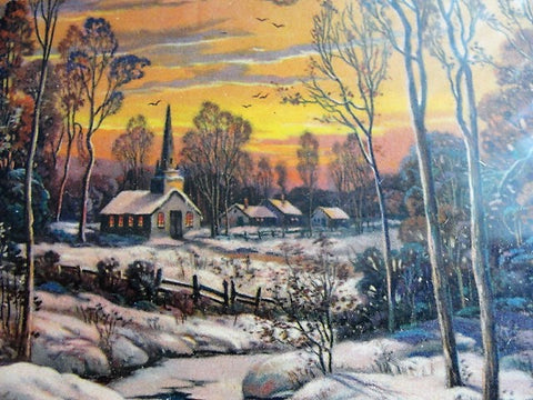 ANTIQUE 1920s Romantic Charming Framed Print Cozy Winter Scene Picure Very Thomas Kinkade Farm House Decor Collectible Winter Scenes