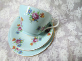 CHARMING Aynsley English Bone China Teacup And Saucer Trio,Cheerful Robin's Egg Blue, Chintz Roses, Teacup and Saucer and Dessert Plate,Cup and Saucer,Collectible Vintage Teacups