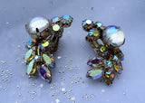 STUNNING Vintage Earrings,Art Glass Opal Like Stones and Glittering Aurora Borealis Rhinestones Clip Ons, Ear Climber Earrings,Collectible Mid Century Jewelry