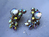 STUNNING Vintage Earrings,Art Glass Opal Like Stones and Glittering Aurora Borealis Rhinestones Clip Ons, Ear Climber Earrings,Collectible Mid Century Jewelry